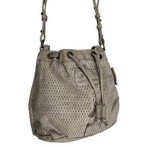 Aunts & Uncles Leather‎ Crossbody Bucket Bag Taupe Perforated Drawstring Boho
